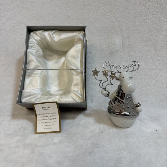 Pier 1 Original MOOSE Figurine 4 1/2" Silver Ceramic Gold Silver c/w Box EX Cond - Picture 2 of 10